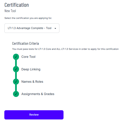Screenshot of Certification page showing diagnostic results and criteria checklist.